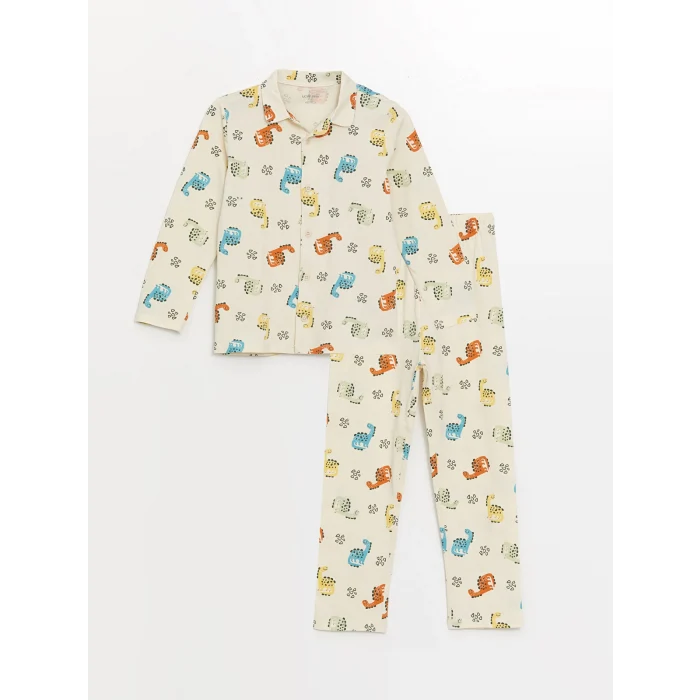 LCW baby Ekru Polo Yaka Uzun Kollu Baskılı Erkek Bebek Pijama Takımı