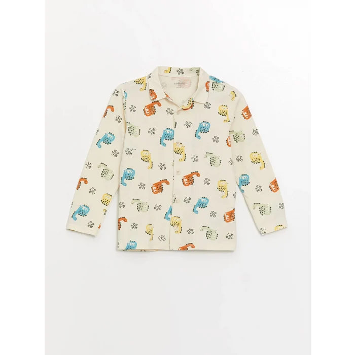 LCW baby Ekru Polo Yaka Uzun Kollu Baskılı Erkek Bebek Pijama Takımı