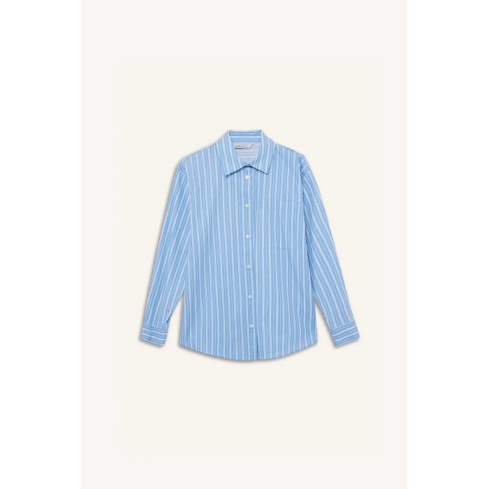 Defacto E2205 Mavi Oversize Geniş Kalıp Çizgili Poplin Uzun Kollu Gömlek