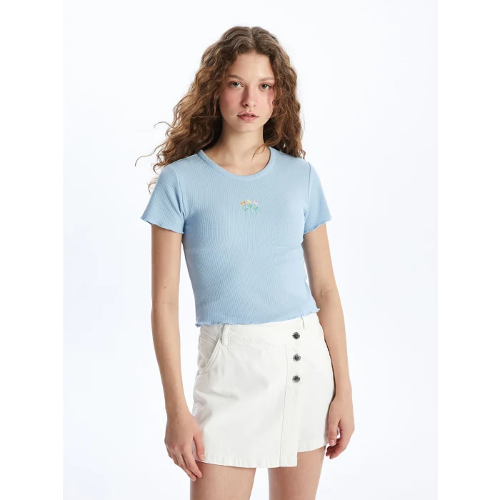 XSIDE Mavi Bisiklet Yaka Nakışlı Kısa Kollu Kadın Tişört