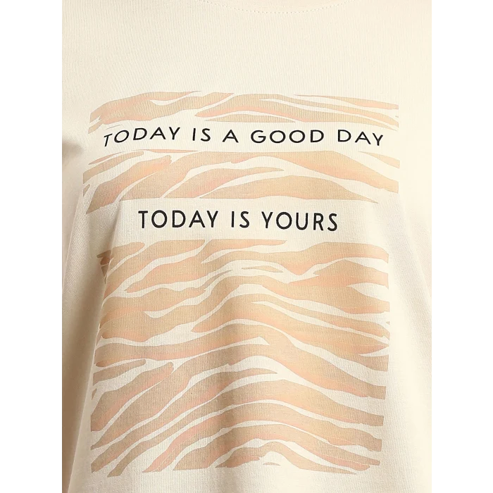 LCWAIKIKI Basic Bej Bisiklet Yaka Baskılı Kısa Kollu Kadın Tişört