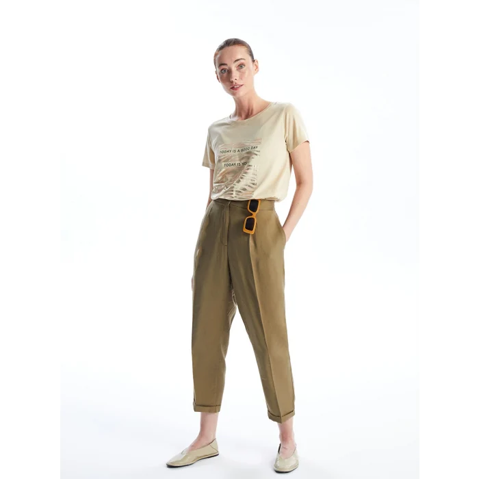 LCWAIKIKI Basic Bej Bisiklet Yaka Baskılı Kısa Kollu Kadın Tişört