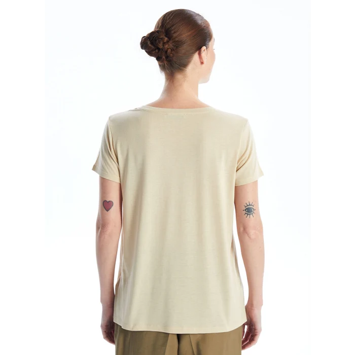 LCWAIKIKI Basic Bej Bisiklet Yaka Baskılı Kısa Kollu Kadın Tişört