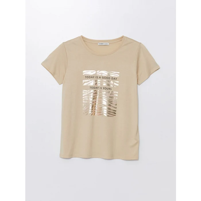 LCWAIKIKI Basic Bej Bisiklet Yaka Baskılı Kısa Kollu Kadın Tişört