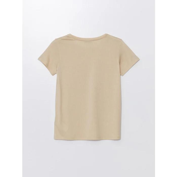 LCWAIKIKI Basic Bej Bisiklet Yaka Baskılı Kısa Kollu Kadın Tişört