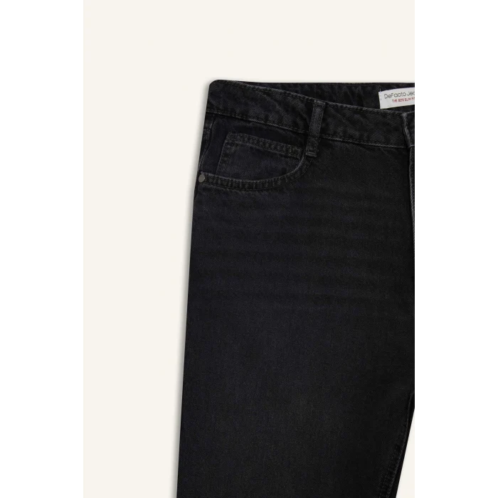 Defacto D8587AXNM40 Siyah %100 Pamuk 90s Slim Fit Dar Kalıp Yüksek Bel Dar Paça Jean Pantolon
