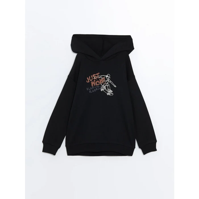 LCW Kids Siyah Oversize Kapüşonlu Erkek Çocuk Tişört
