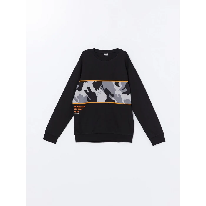 LCW Kids Siyah Bisiklet Yaka Baskılı Uzun Kollu Erkek Çocuk Tişört