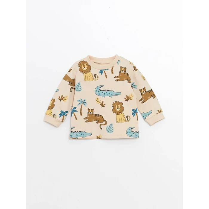 LCW baby Ekru Bisiklet Yaka Uzun Kollu Baskılı Erkek Bebek Tişört ve Eşofman Alt 2li Takım