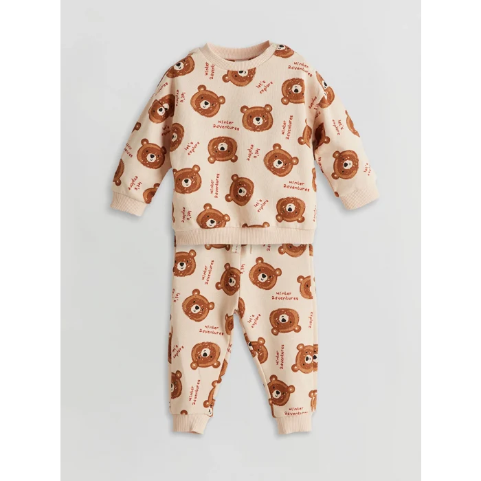 LCW baby Ekru Bisiklet Uzun Kollu Baskılı Erkek Bebek Sweatshirt ve Eşofman Alt 2li Takım