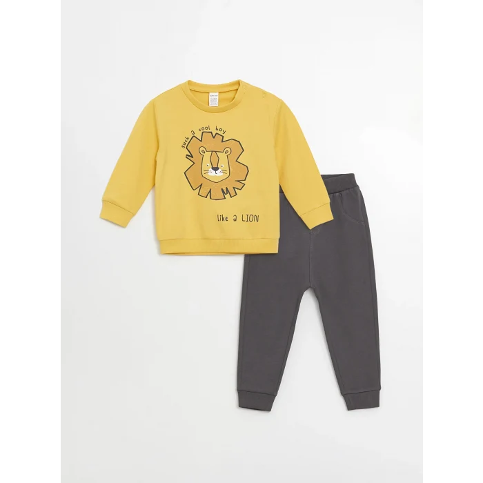 LCW baby Sari Bisiklet Yaka Uzun Kollu Baskılı Erkek Bebek Sweatshirt ve Eşofman Alt 2li Takım