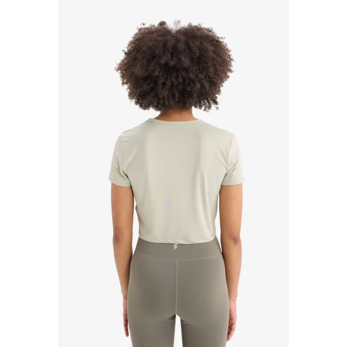 Defacto D7295 Haki DeFactoFit Crop Bisiklet Yaka Basic Düz Sporcu Kısa Kollu Tişört