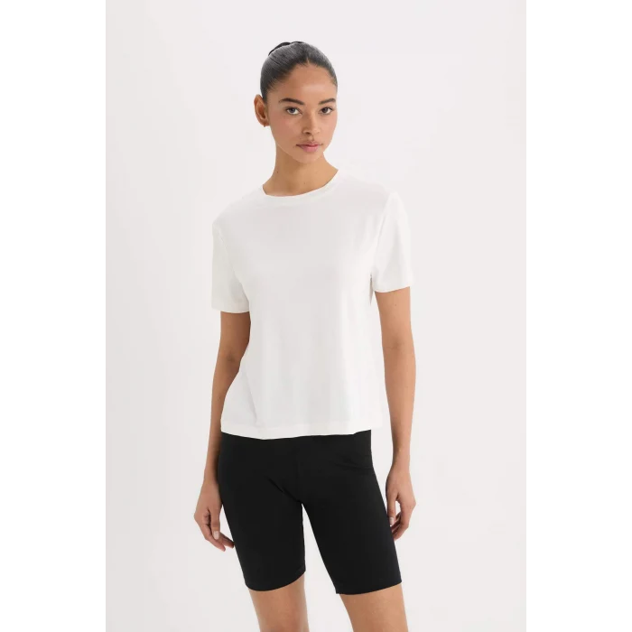 Defacto D2296 Ekru DeFactoFit Standart Fit Bisiklet Yaka Sporcu Basic Düz Kısa Kollu Tişört