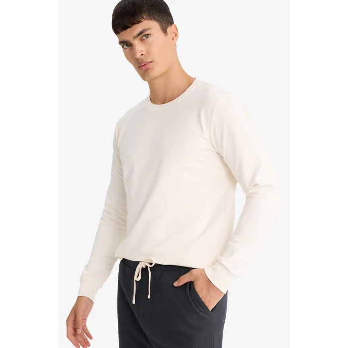 Defacto F3646AXER140 Ekru Slim Fit Dar Kesim Bisiklet Yaka Uzun Kollu Tişört