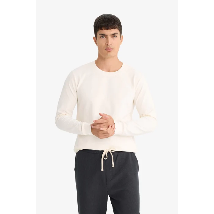 Defacto F3646AXER140 Ekru Slim Fit Dar Kesim Bisiklet Yaka Uzun Kollu Tişört