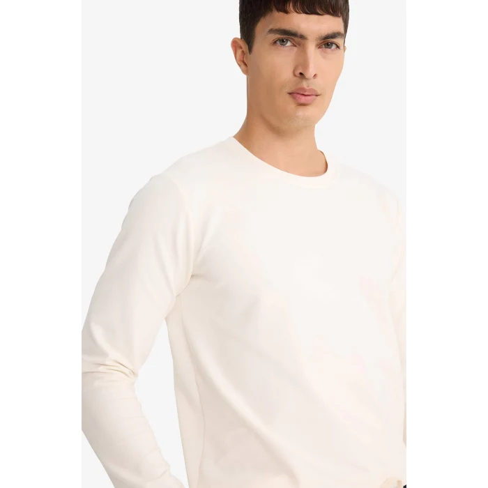 Defacto F3646AXER140 Ekru Slim Fit Dar Kesim Bisiklet Yaka Uzun Kollu Tişört