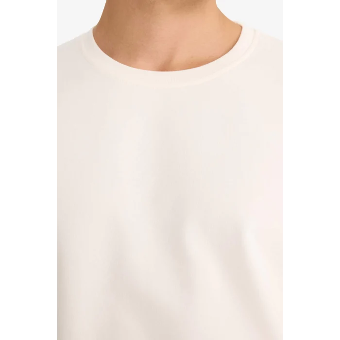 Defacto F3646AXER140 Ekru Slim Fit Dar Kesim Bisiklet Yaka Uzun Kollu Tişört