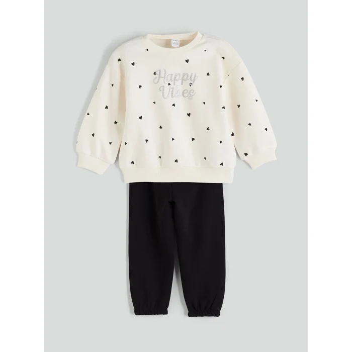 LCW Kids Ekru Bisiklet Yaka Kız Çocuk Sweatshirt ve Eşofman Altı