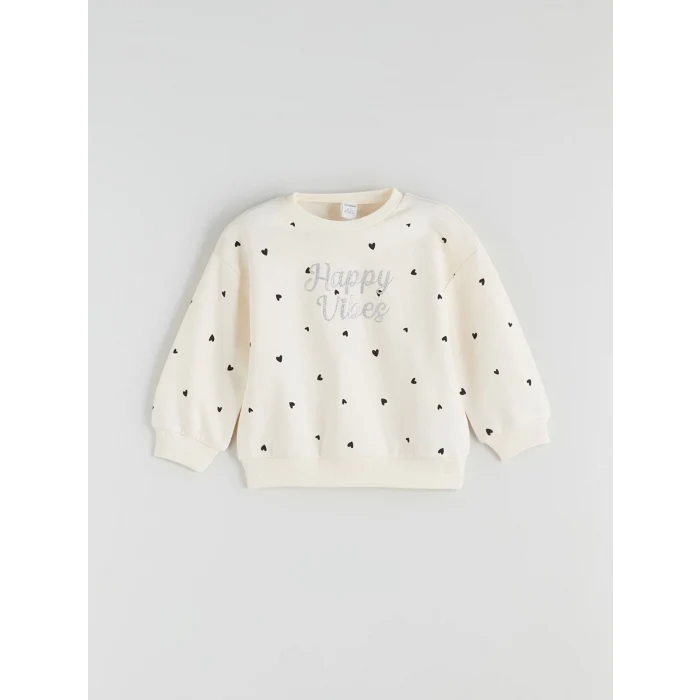 LCW Kids Ekru Bisiklet Yaka Kız Çocuk Sweatshirt ve Eşofman Altı