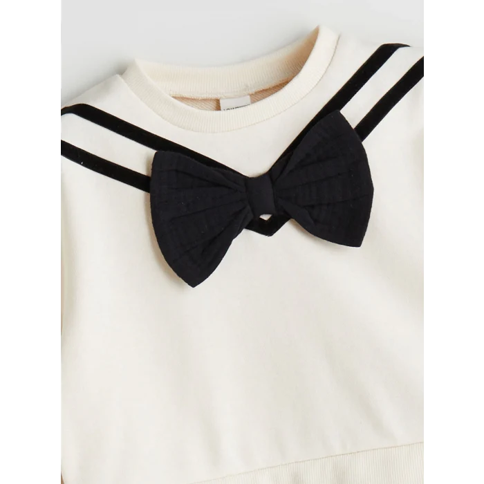 LCW Kids Ekru Bisiklet Yaka Fiyonk Detaylı Kız Çocuk Elbise