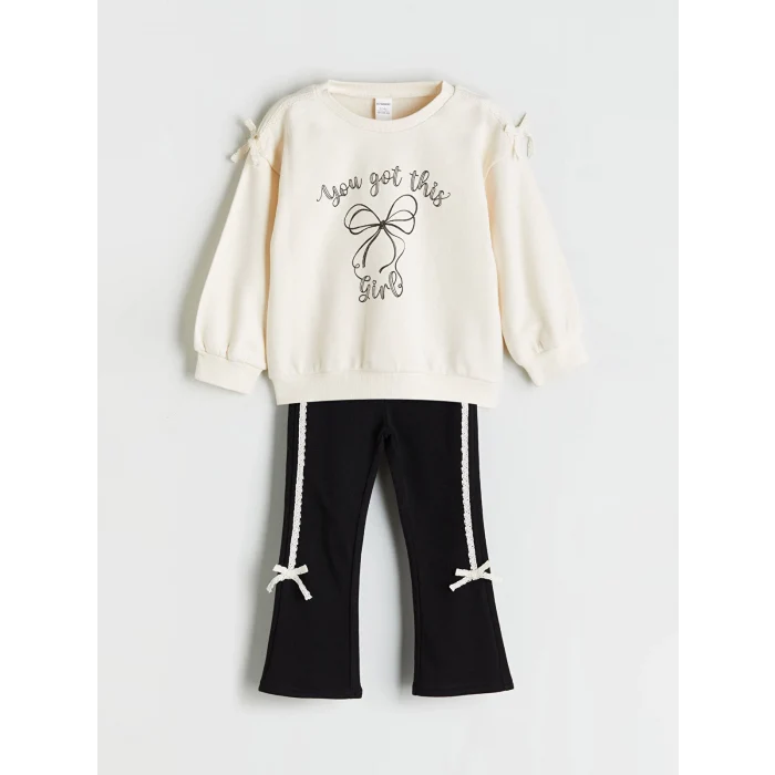 LCW Kids Ekru Bisiklet Yaka Fiyonk Nakışlı Uzun Kollu Kız Çocuk Sweatshirt ve Tayt