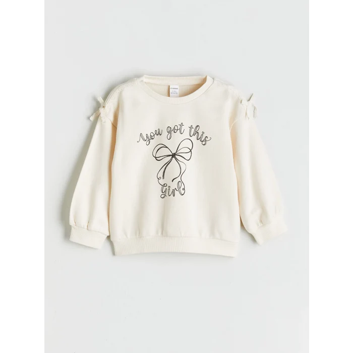 LCW Kids Ekru Bisiklet Yaka Fiyonk Nakışlı Uzun Kollu Kız Çocuk Sweatshirt ve Tayt