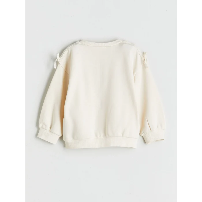 LCW Kids Ekru Bisiklet Yaka Fiyonk Nakışlı Uzun Kollu Kız Çocuk Sweatshirt ve Tayt