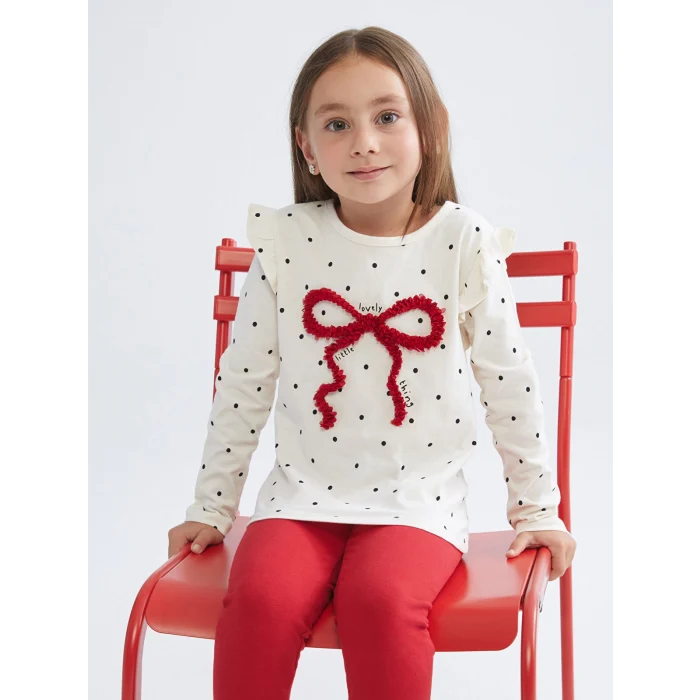 LCW Kids Ekru Bisiklet Yaka Baskılı Kız Çocuk Bluz ve Tayt 2li