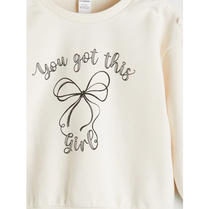LCW Kids Ekru Bisiklet Yaka Fiyonk Nakışlı Uzun Kollu Kız Çocuk Sweatshirt ve Tayt