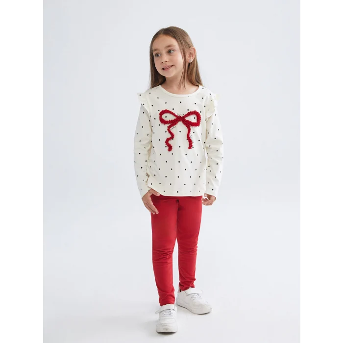 LCW Kids Ekru Bisiklet Yaka Baskılı Kız Çocuk Bluz ve Tayt 2li