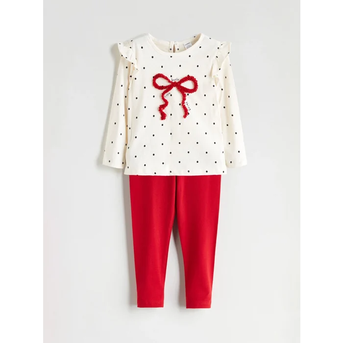 LCW Kids Ekru Bisiklet Yaka Baskılı Kız Çocuk Bluz ve Tayt 2li
