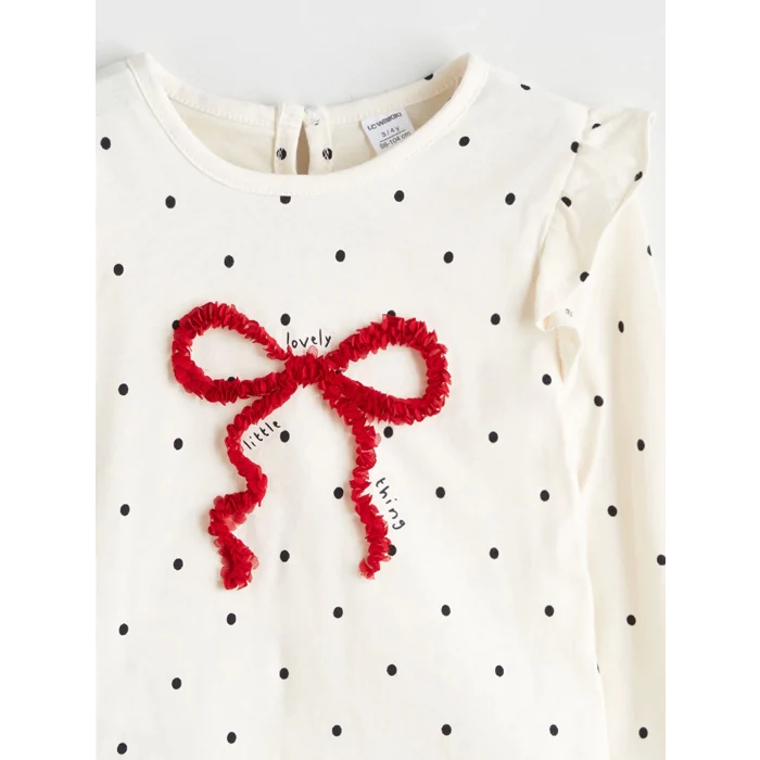LCW Kids Ekru Bisiklet Yaka Baskılı Kız Çocuk Bluz ve Tayt 2li