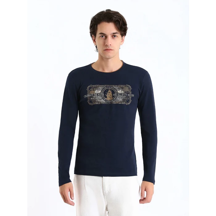 LCWAIKIKI Classic Lacivert Bisiklet Yaka Uzun Kollu Baskılı Erkek Sweatshirt