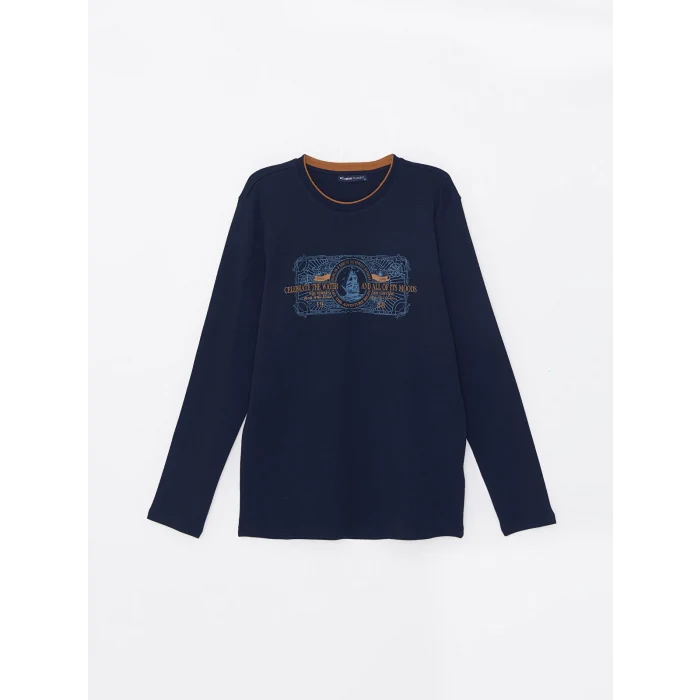 LCWAIKIKI Classic Lacivert Bisiklet Yaka Uzun Kollu Baskılı Erkek Sweatshirt