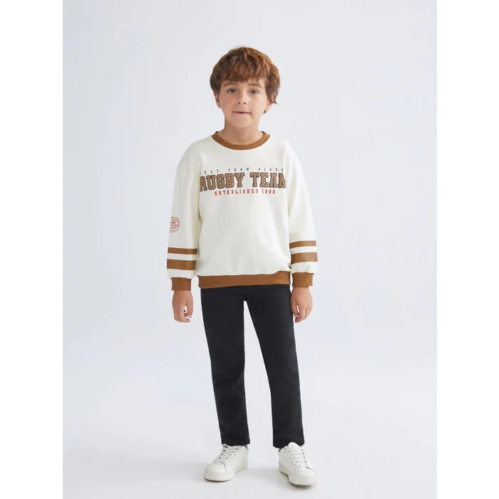 LCW Kids Bej Bisiklet Yaka Baskılı Erkek Çocuk Sweatshirt