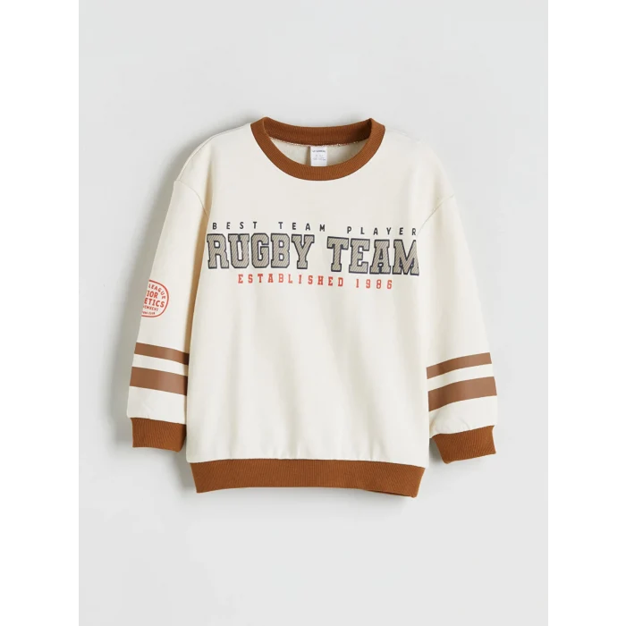 LCW Kids Bej Bisiklet Yaka Baskılı Erkek Çocuk Sweatshirt