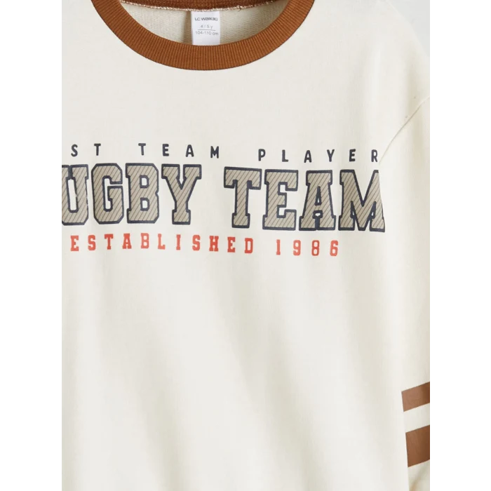 LCW Kids Bej Bisiklet Yaka Baskılı Erkek Çocuk Sweatshirt