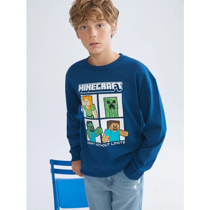 LCW Kids Petrol Bisiklet Yaka Minecraft Baskılı Erkek Çocuk Sweatshirt
