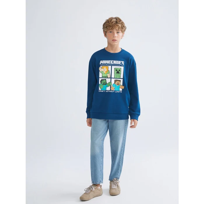 LCW Kids Petrol Bisiklet Yaka Minecraft Baskılı Erkek Çocuk Sweatshirt