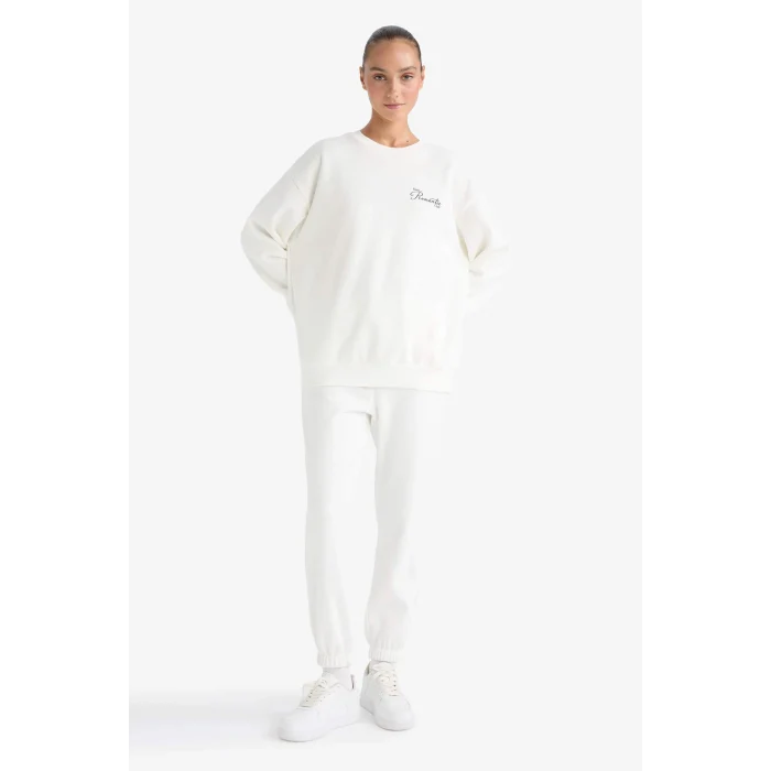 Defacto F7881AXER105 Ekru Oversize Geniş Kalıp Bisiklet Yaka Baskılı Kalın Sweatshirt