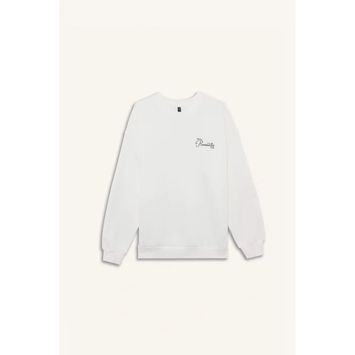 Defacto F7881AXER105 Ekru Oversize Geniş Kalıp Bisiklet Yaka Baskılı Kalın Sweatshirt