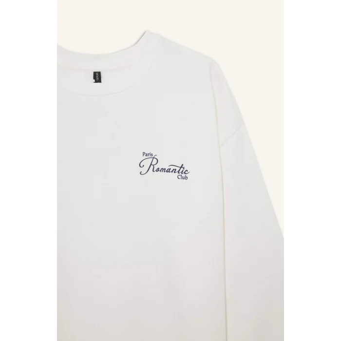 Defacto F7881AXER105 Ekru Oversize Geniş Kalıp Bisiklet Yaka Baskılı Kalın Sweatshirt