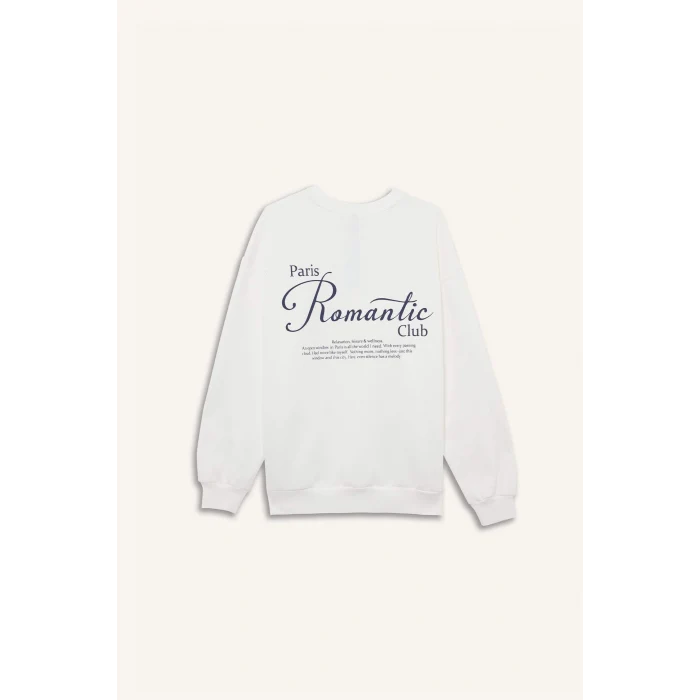 Defacto F7881AXER105 Ekru Oversize Geniş Kalıp Bisiklet Yaka Baskılı Kalın Sweatshirt