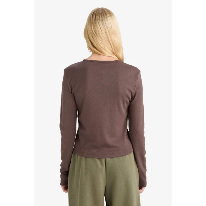 Defacto E7680AXBN539 Kahve Coool Fitted Düğmeli Yaka Ribana Uzun Kollu Tişört