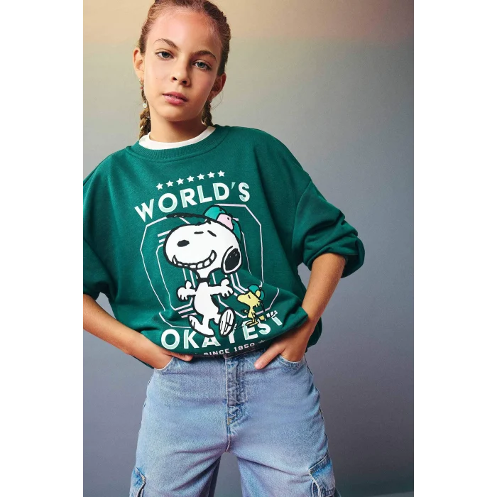 Defacto F1089A8GN1116 Yeşil Kız Çocuk Snoopy Oversize Geniş Kalıp Bisiklet Yaka Sweatshirt
