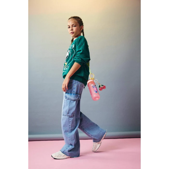 Defacto F1089A8GN1116 Yeşil Kız Çocuk Snoopy Oversize Geniş Kalıp Bisiklet Yaka Sweatshirt