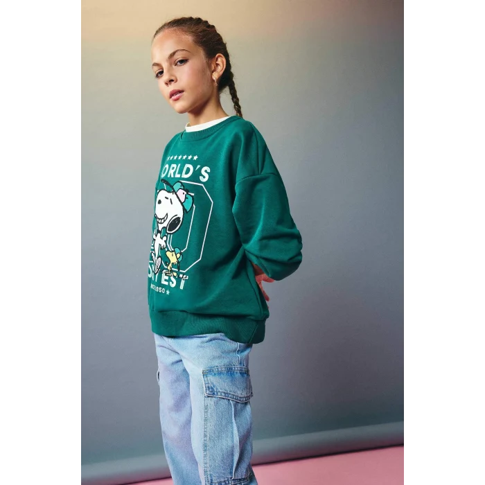 Defacto F1089A8GN1116 Yeşil Kız Çocuk Snoopy Oversize Geniş Kalıp Bisiklet Yaka Sweatshirt