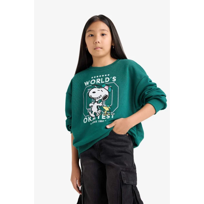 Defacto F1089A8GN1116 Yeşil Kız Çocuk Snoopy Oversize Geniş Kalıp Bisiklet Yaka Sweatshirt