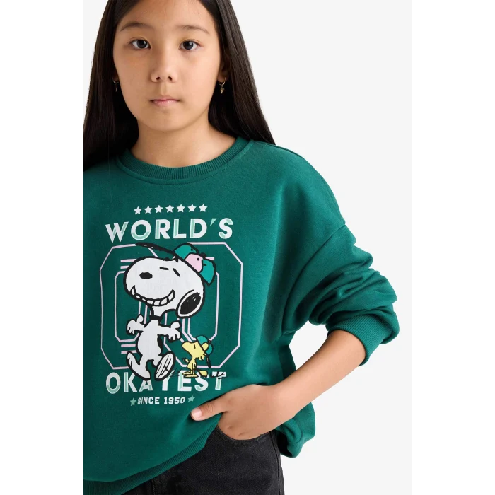 Defacto F1089A8GN1116 Yeşil Kız Çocuk Snoopy Oversize Geniş Kalıp Bisiklet Yaka Sweatshirt