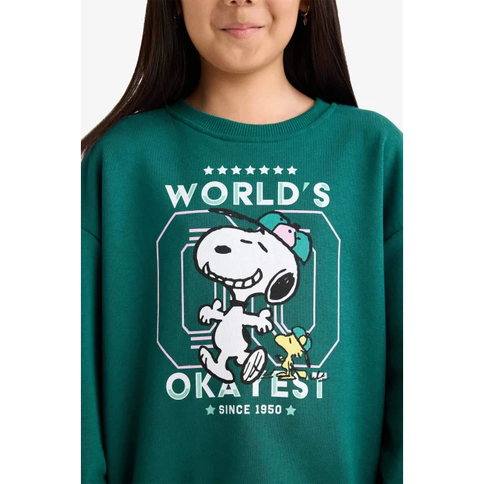 Defacto F1089A8GN1116 Yeşil Kız Çocuk Snoopy Oversize Geniş Kalıp Bisiklet Yaka Sweatshirt